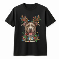 Reindeer Antlers Holiday Lights Shirt, Pitbull Christmas T-Shirt, Adorable Xmas Dog Graphic Tee, Festive Pup Apparel, Present for Dog Mom and Dad