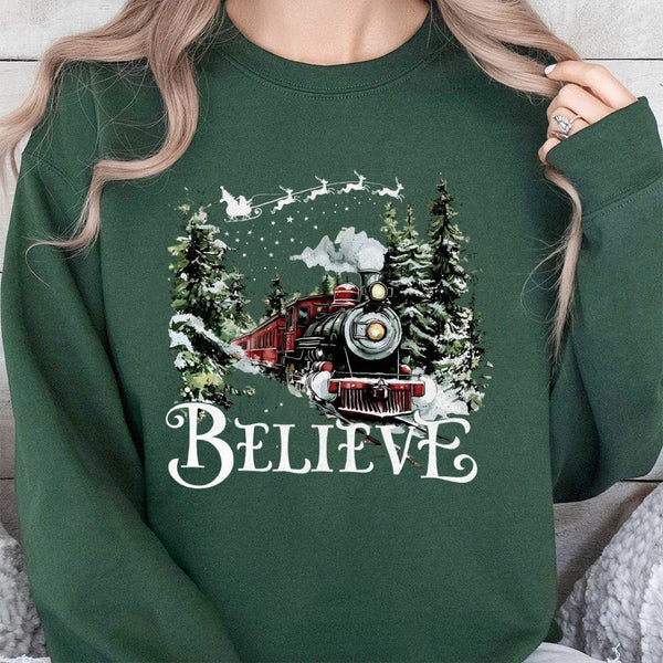 Vintage Holiday Train Pullover, Believe Christmas Train Sweatshirt, Christmas Movie Graphic Crewneck, Festive Winter Sweatshi