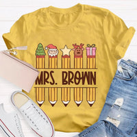 Custom Name Holiday Graphic Tee, Personalized Christmas Pencil Shirt, Adorable Teacher Christmas T-Shirt, Back to School Xmas Season Present