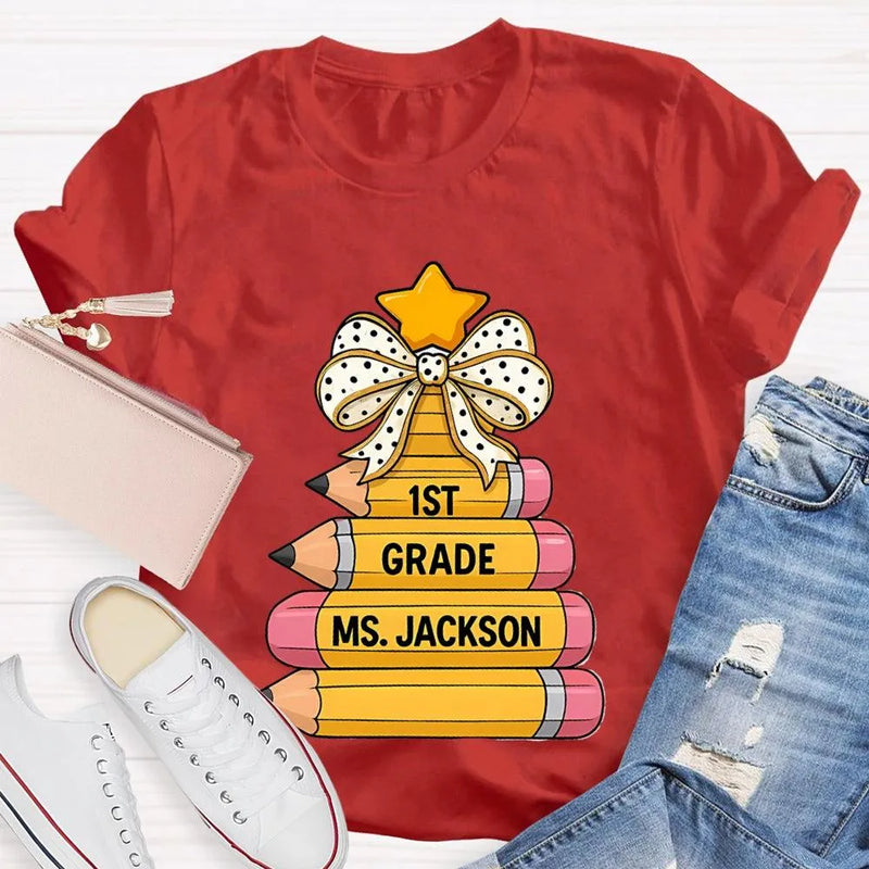 Custom Holiday Teacher T-Shirt, Personalized Christmas Tree Grade Shirt, Festive School Season Graphic Tee, Winter Educator Present