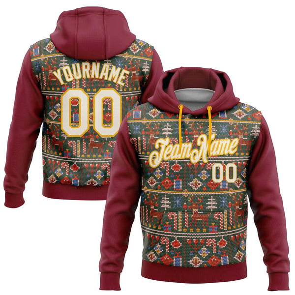 Crimson Cream Gold Holiday Hoodie, Custom Christmas Ugly Sweater Hoodie, Personalized Name Number Pullover Hoodie, Xmas Prese