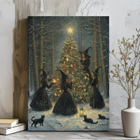 Snowy Forest Gothic Art Canvas, Witches Decorating Christmas Tree Canvas, Witchy Christmas Canvas Print, Dark Cottagecore Holiday Wall Art
