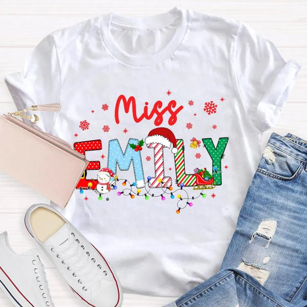 Custom Snowflake Holiday T-Shirt, Personalized Christmas Lights Teacher Shirt, Festive Classroom Graphic Tee, Teacher Xmas Pr