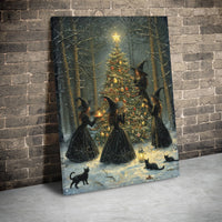 Snowy Forest Gothic Art Canvas, Witches Decorating Christmas Tree Canvas, Witchy Christmas Canvas Print, Dark Cottagecore Holiday Wall Art