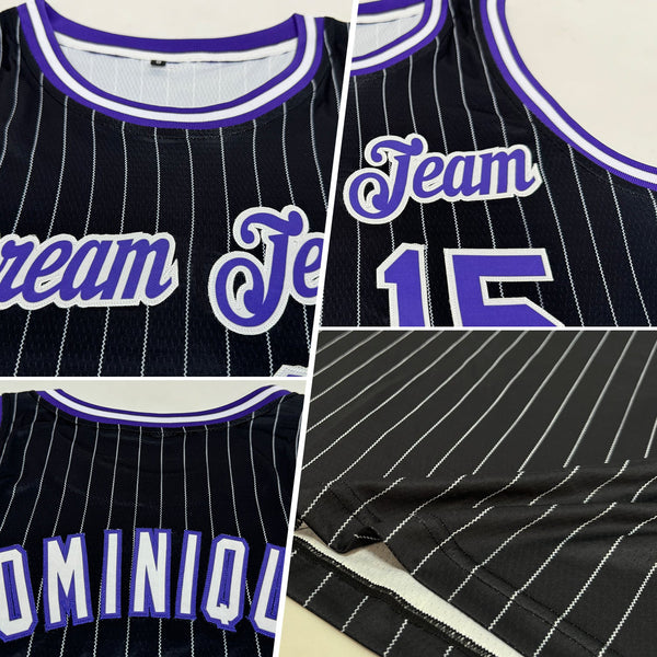 Custom Basketball Jersey - Black White Pinstripe Purple-White Authentic