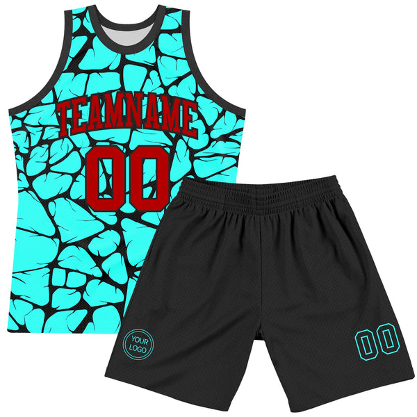 Custom Basketball Jersey - Aqua Red-Black Abstract Network Round Neck Sublimation Set