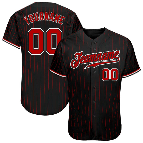 Custom Baseball Jersey - Black Red Pinstripe Red-White Authentic