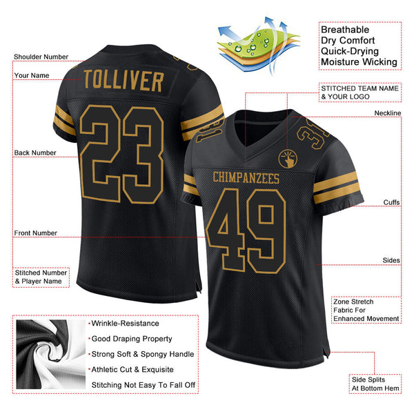 Custom Football Jersey - Black Black-Old Gold Mesh Authentic