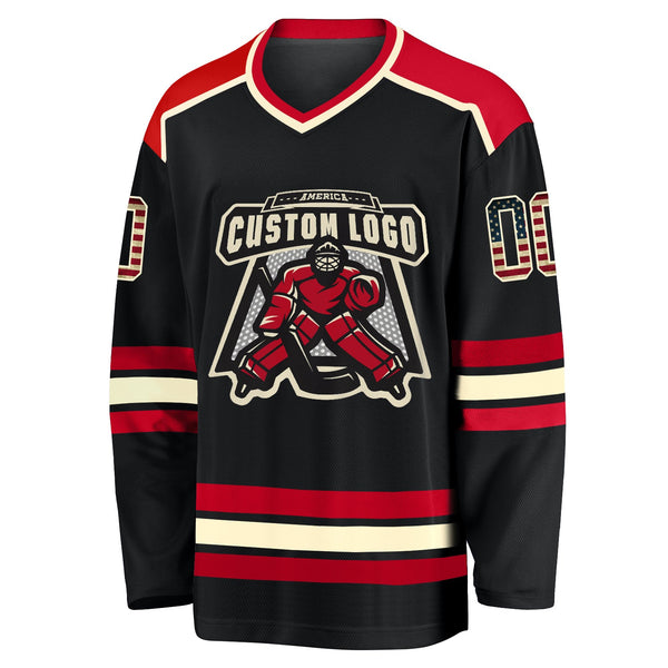 Custom Hockey Jersey - Black Vintage USA Flag Cream-Red