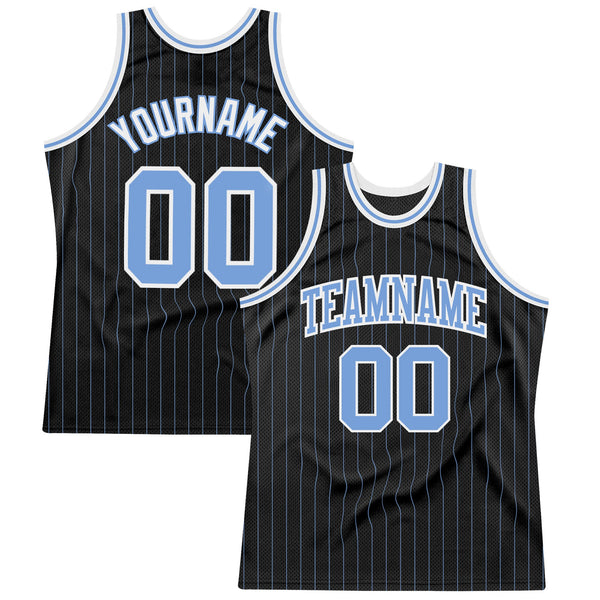 Custom Basketball Jersey - Black Light Blue Pinstripe Light Blue-White Authentic