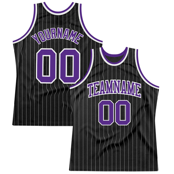Custom Basketball Jersey - Black White Pinstripe Purple-White Authentic