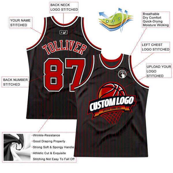Custom Basketball Jersey - Black Red Pinstripe White Authentic