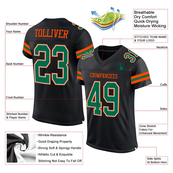 Custom Football Jersey - Black Kelly Green-Orange Mesh Authentic