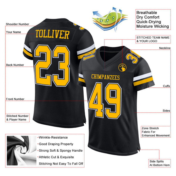 Custom Football Jersey - Black Gold-White Mesh Authentic