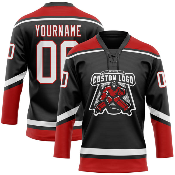 Custom Hockey Jersey - Black White-Red Lace Neck
