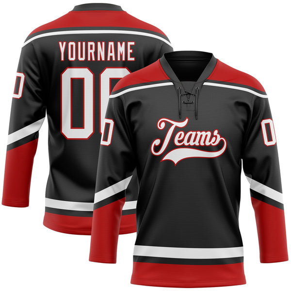 Custom Hockey Jersey - Black White-Red Lace Neck