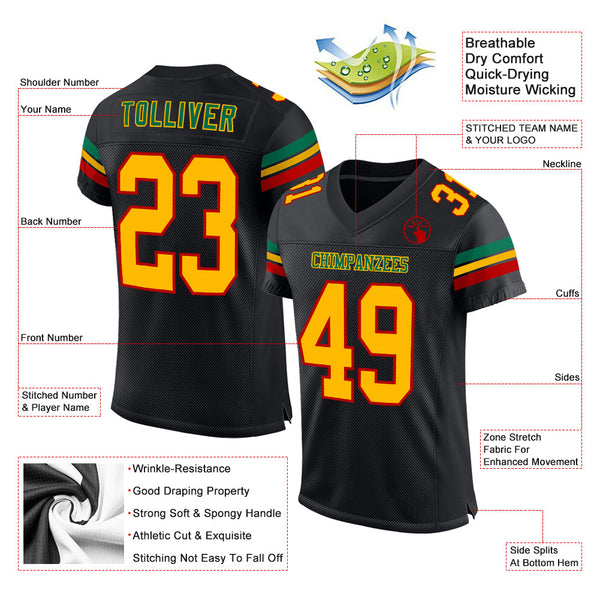 Custom Football Jersey - Black Gold Red-Kelly Green Mesh Authentic