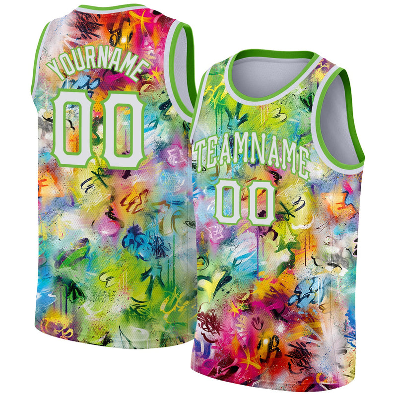 Custom Basketball Jersey - Scratch Graffiti Pattern White-Neon Green 3D Authentic