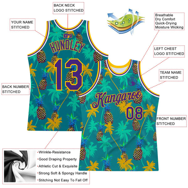 Custom Basketball Jersey - Kelly Green Purple-Gold 3D Pattern Hawaii Palm Trees Pineapples Authentic