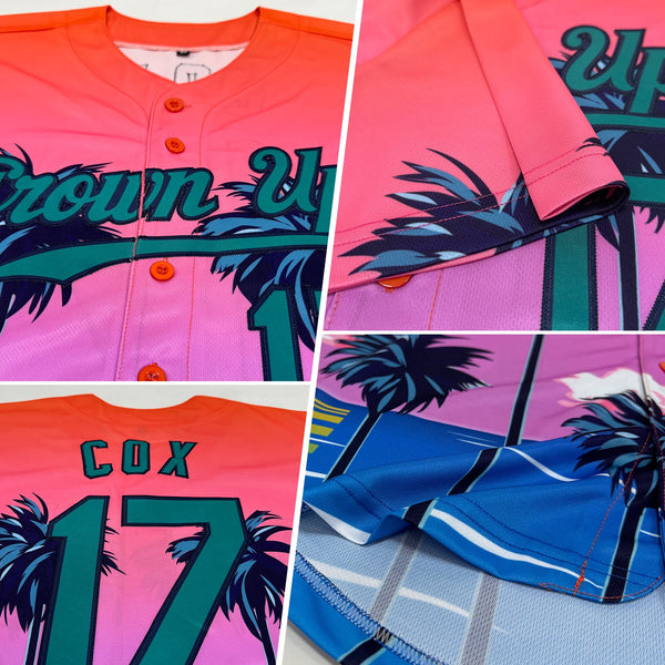 Custom Baseball Jersey - Orange Teal-Navy 3D Pattern Design Sun Beach Hawaii Palm Trees Authentic