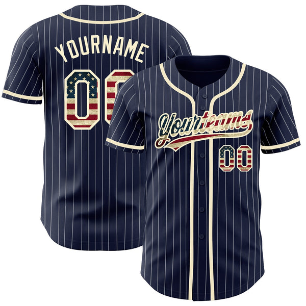 Custom Baseball Jersey - Navy White Pinstripe Vintage USA Flag-Cream Authentic