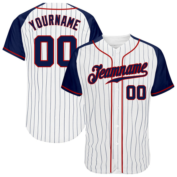 Custom Baseball Jersey - White Navy Pinstripe Navy-Red Authentic Raglan Sleeves