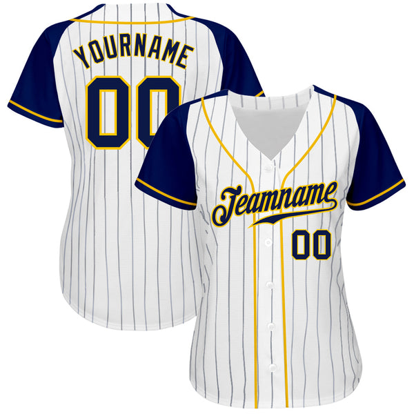 Custom Baseball Jersey - White Navy Pinstripe Navy-Gold Authentic Raglan Sleeves