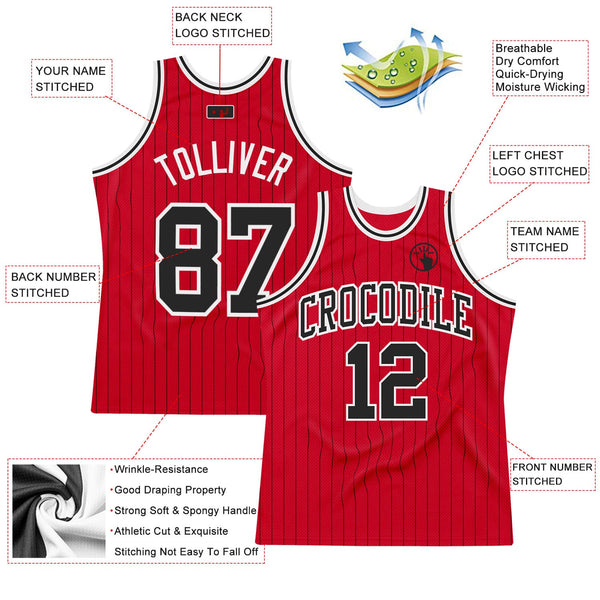 Custom Basketball Jersey - Red Black Pinstripe Black-White Authentic