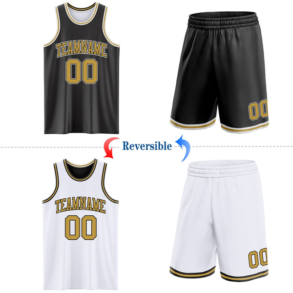 Custom Basketball Jersey - Reversible Black Old Gold-White Double Side Sublimation Set