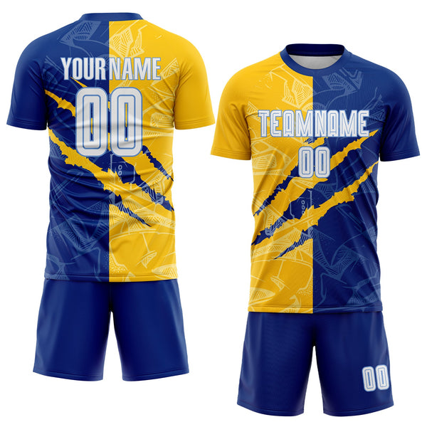 Custom Soccer Jersey - Graffiti Pattern White Royal Yellow-Light Blue Scratch Sublimation Uniform