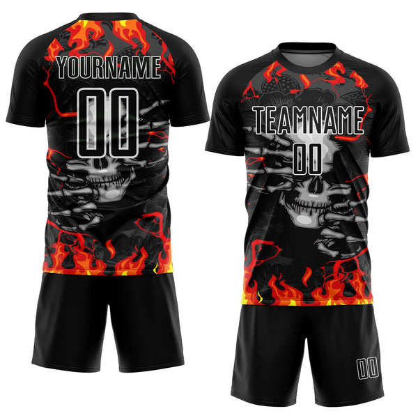 Custom Soccer Jersey - Black Red-Gold Skull Flame Sublimation Uniform