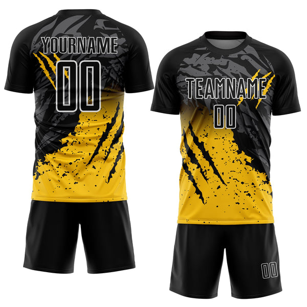 Custom Soccer Jersey - Black Yellow-White Gradient Scratch Splash Sublimation Uniform