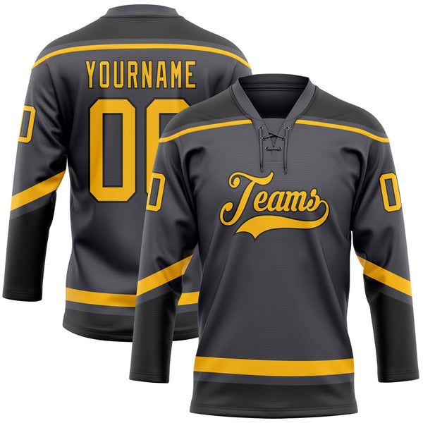 Custom Hockey Jersey - Steel Gray Gold-Black Lace Neck