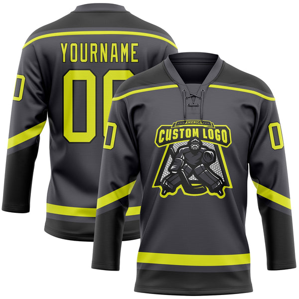 Custom Hockey Jersey - Steel Gray Neon Yellow-Black Lace Neck