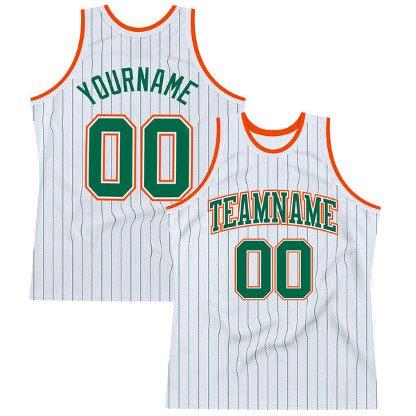 Custom Basketball Jersey - White Kelly Green Pinstripe Kelly Green-Orange Authentic