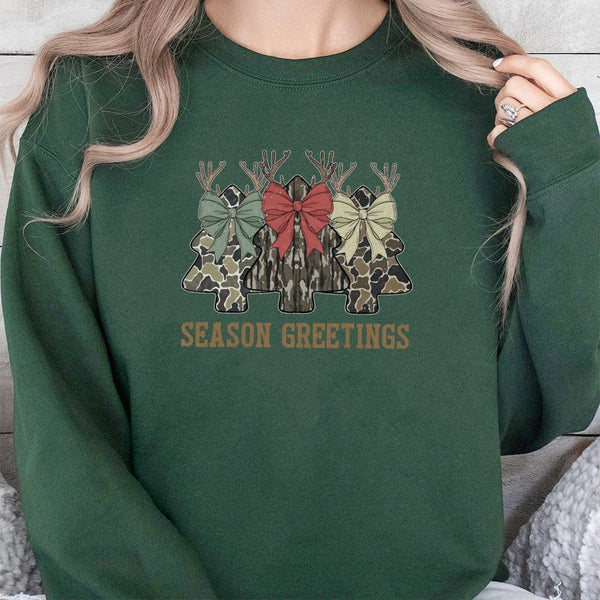 Coquette Bow Holiday Graphic Crewneck, Camo Christmas Tree Sweatshirt, Camouflage Xmas Tree Sweater