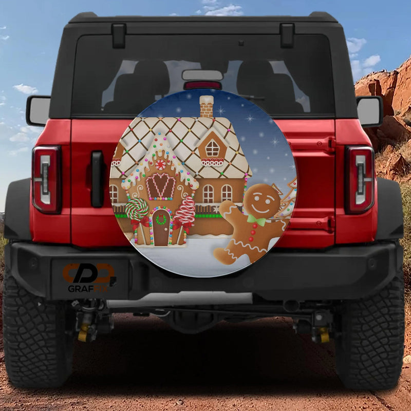 Festive Holiday Candy Wheel Cover, Christmas Gingerbread House Spare Tire Cover, Winter Xmas Tire Cover for Jeep Bronco SUV