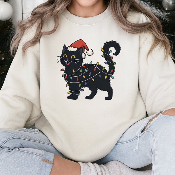 Adorable Kitten Holiday Lights Crewneck, Black Cat Christmas Sweatshirt, Humorous Cat Lover Xmas Pullover, Winter Holiday Spo