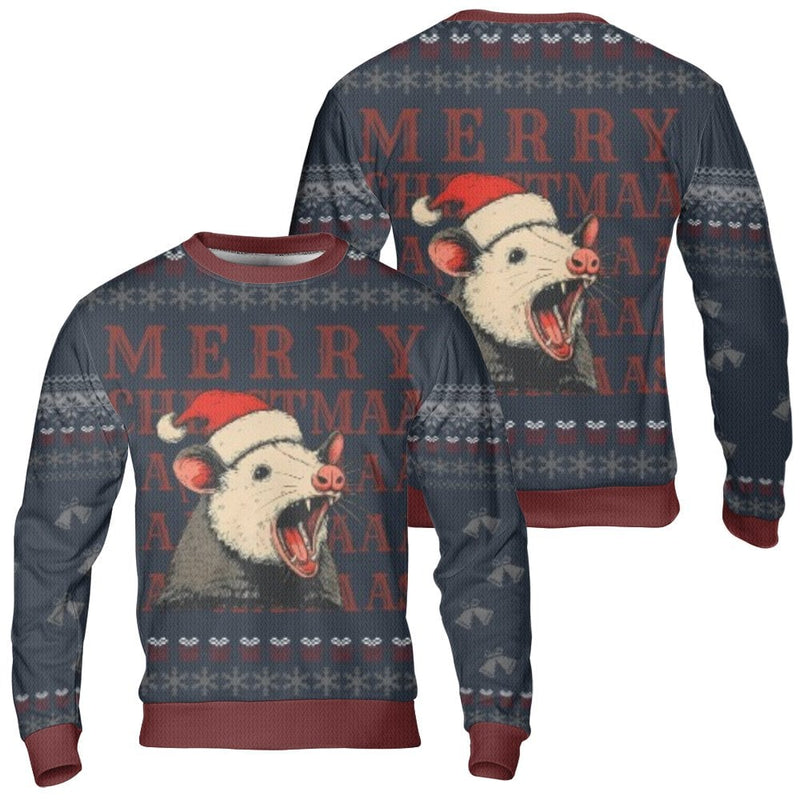 Humorous Trash Animal Holiday Crewneck, Screaming Possum Ugly Christmas Sweater, Sarcastic Possum Opossum Jumper, Xmas Humor Sweatshirt