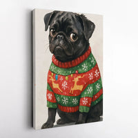 Ugly Sweater Pug Dog Canvas Print, Black Pug Christmas Canvas Wall Art, Holiday Pet Wall Decor, Adorable Christmas Animal Lover Canvas
