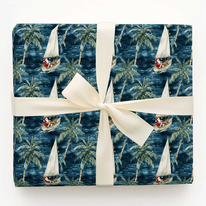 Coastal Christmas Gift Wrap, Sailing Santa Wrapping Paper, Tropical Holiday Wrapping Paper, Palm Tree Ocean Christmas Paper Roll