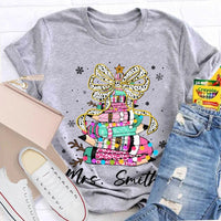 Bow Colored Pencils Snowflake Shirt, Personalized Christmas T-Shirt, Custom Holiday School Graphic Tee, Teacher Present Top