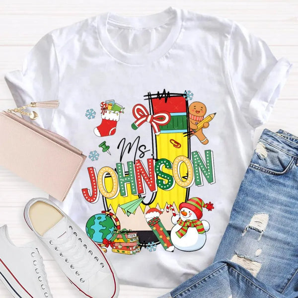 Custom Name Snowman Shirt, Personalized Christmas T-Shirt, Colorful Font Holiday Graphic Tee, Personalized Family Christmas T