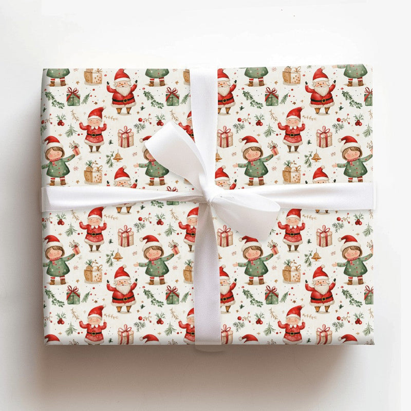 Adorable Holiday Elves Gift Wrap, Whimsical Santa and Elf Wrapping Paper, Watercolor Christmas Wrapping Paper, Kids Festive Present Paper Roll
