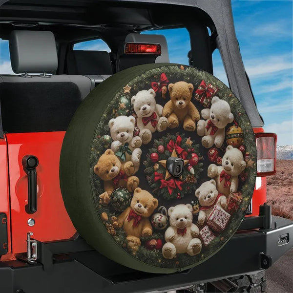 Festive Christmas Holiday Wheel Cover, Teddy Bear Wreath Spare Tire Cover, Adorable Winter Decor Tire Cover for Jeep SUV Truc
