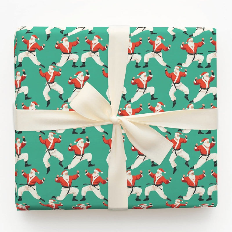 Teal Martial Arts Christmas Gift Wrap, Karate Santa Wrapping Paper, Black Belt Santa Wrapping Paper, Humorous Holiday Karate Fighter Gift Wrap
