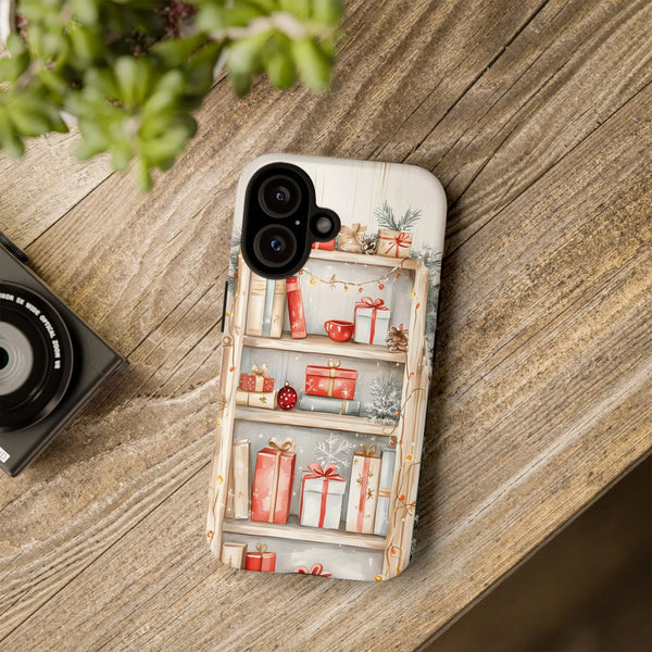 Comfy Holiday iPhone Tough Case, Christmas Bookshelf Phone Case, Watercolor Books and Presents Phone Cover, Christmas Book Lo