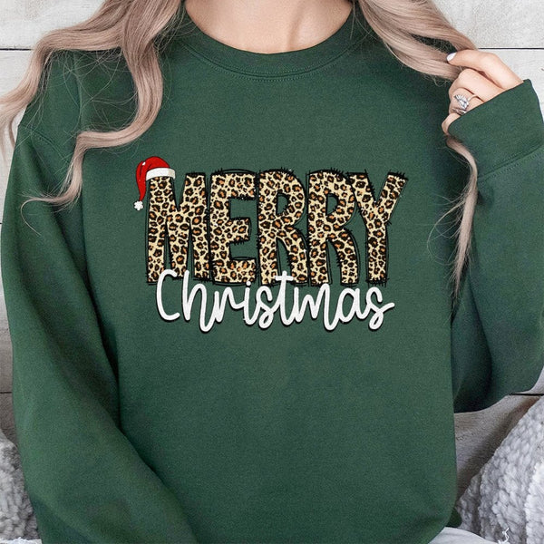 Leopard Print Christmas Sweatshirt, Merry Christmas Sweatshirt, Festive Holiday Sweatshirt, Adorable Xmas Crewneck, Comfy Win