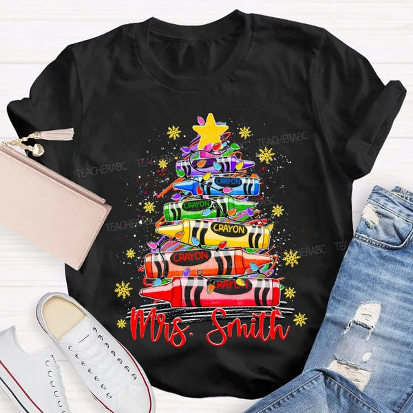 Custom Name Holiday Shirt, Personalized Christmas Tree T-Shirt, Colorful Crayon Snowflake Graphic Tee, Kids Family Christmas 