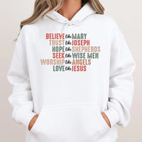 Retro Faith Based Hoodie, Believe Like Mary Christmas Hoodie, Christian Typography Pullover Hoodie, Religious Holiday Hooded Sweatshirt